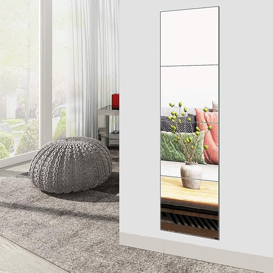 Ruomeng Full Length Wall Mirror Tiles, 12" x 12" x 4Pcs Frameless Wall Mounted Mirror Glass Wall Mirror for Home Gym, Door, Bedroom, Living Room