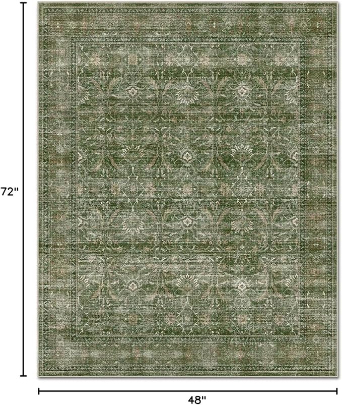 Washable 4x6 Rugs for Living Room, Boho Non-Slip Vintage Distress Small Rugs for Bedroom Nursery Office, 0.3" Neutral Oriental Throw Thin Carpet with Cushioning Pad, Grass Green/Multi, D1