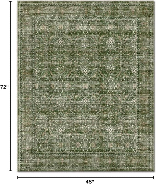Washable 4x6 Rugs for Living Room, Boho Non-Slip Vintage Distress Small Rugs for Bedroom Nursery Office, 0.3" Neutral Oriental Throw Thin Carpet with Cushioning Pad, Grass Green/Multi, D1
