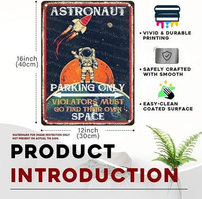 Astronaut Parking Only Metal Sign Playroom Vintage Decor Sign for Planet Decoration 12x16inch