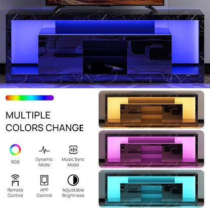 70 Inch TV Stand with LED Lights & Power Outlet, Modern Entertainment Center with Color-Changing RGB LED Strip, Sound Sync, App/Remote Control, High Gloss Black Marble Media Console for Living Room