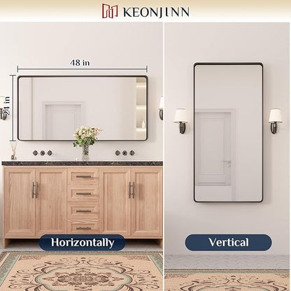 Keonjinn Black Bathroom Mirror for Over Sink, 48 x 24 Inch Large Rounded Rectangle Bathroom Vanity Mirror, Matte Black Sandblasted Finish, Tempered Glass Seamless Aluminum Alloy Frame Full Body Mirror