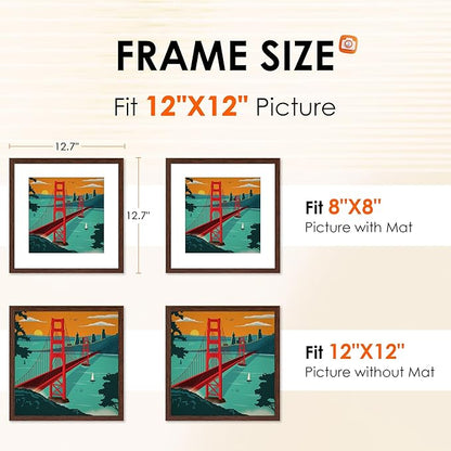 FIXSMITH 12x12 Picture Frame Brown Set of 2, Photo Frame with HD Plexiglass, Display Pictures 8x8 with Mat or 12x12 Without Mat, Brown Picture Frames Collage Wall Decor, Gallary Wall Frame