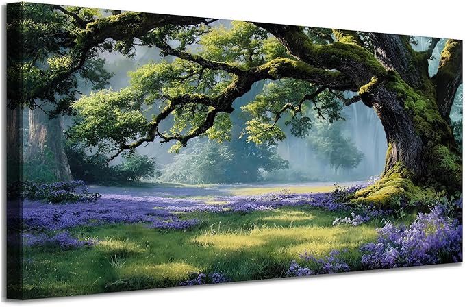 Ardemy Giant Tree Forest Canvas Wall Art 40"x20" Picture – Sunlit Landscape with Purple Wildflowers, Large Green Nature Painting for Living Room Bedroom Home Office Decor