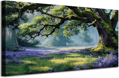 Ardemy Giant Tree Forest Canvas Wall Art 40"x20" Picture – Sunlit Landscape with Purple Wildflowers, Large Green Nature Painting for Living Room Bedroom Home Office Decor