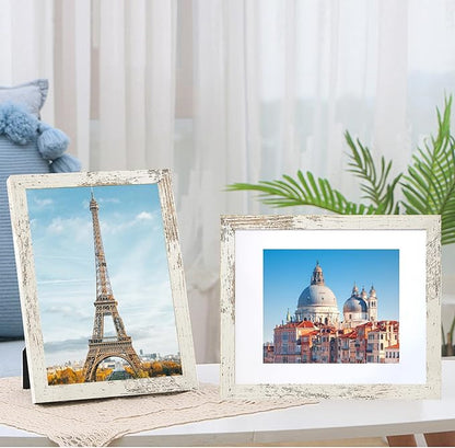 SESEAT 8x10 Picture Frame Set of 10, Display Pictures 5x7 with Mat or 8x10 Prints without Mat, Wall Mounting or Tabletop, Distressed White