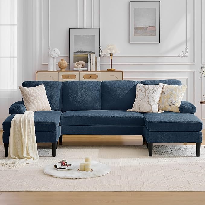 Korser 101" U-Shaped Sectional Couches for Living Room, Chenille Upholstery 4-Seat Sofa with Double Chaises, Modern Couch with Wood Legs for Apartment & Small Space, Blue