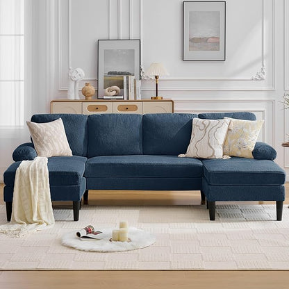 Korser 101" U-Shaped Sectional Couches for Living Room, Chenille Upholstery 4-Seat Sofa with Double Chaises, Modern Couch with Wood Legs for Apartment & Small Space, Blue