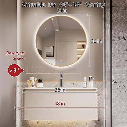 Niccy 30" LED Backlit Round Mirror for Bathroom, Gold Framed Vanity Light Wall Mirror, LED Smart Circle Mirrors with 3 Lighting Colors, Round Lighted Mirror with Anti-Fog, IP65 Waterproof