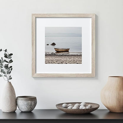 eletecpro 12x12 Picture Frames Set of 9 with Mat for 8x8 Photos or without Mat for 12x12, Square Gallery Wall Decor Collage for Picture Display, Beige Drift Wood Frame Set for Wall Hanging