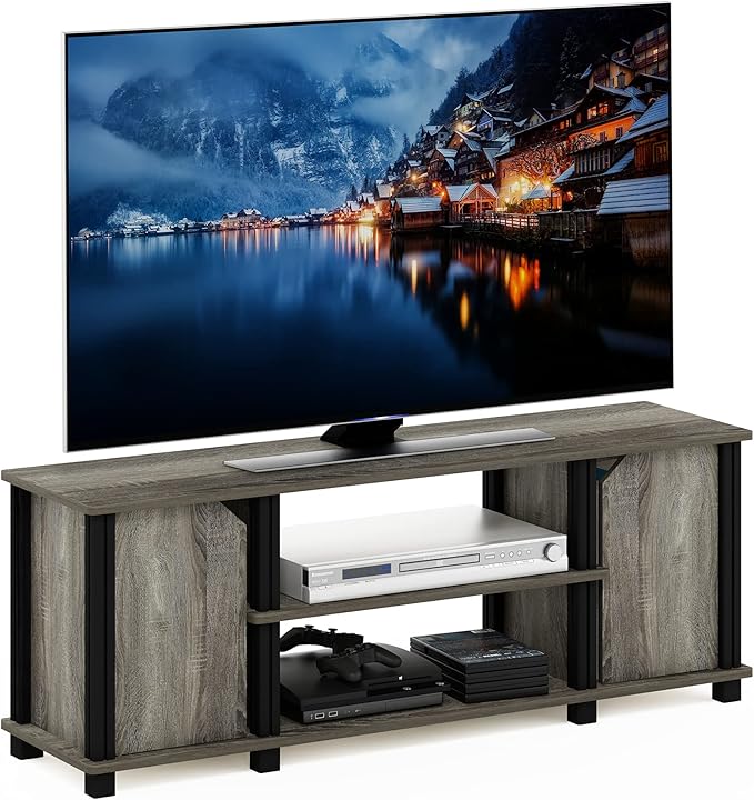 Furinno Brahms TV Stand Entertainment Center with Shelves and Storage for TV Size up to 45 Inch, French Oak/Black