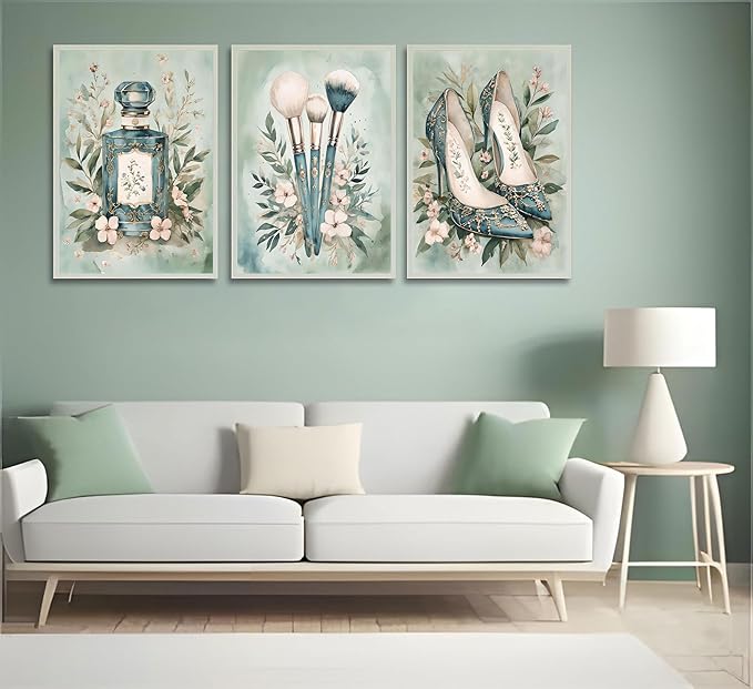 3Pcs Fashion Teen Girls Bedroom Wall Art Perfume Makeup Brushes High Heel Canvas Painting Green Watercolor Botanical Flowers Wall Decor Coquette Preppy Posters Prints for Girl Dorm Pictures Unframed