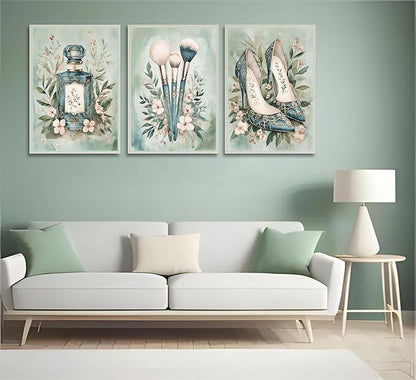3Pcs Fashion Teen Girls Bedroom Wall Art Perfume Makeup Brushes High Heel Canvas Painting Green Watercolor Botanical Flowers Wall Decor Coquette Preppy Posters Prints for Girl Dorm Pictures Unframed