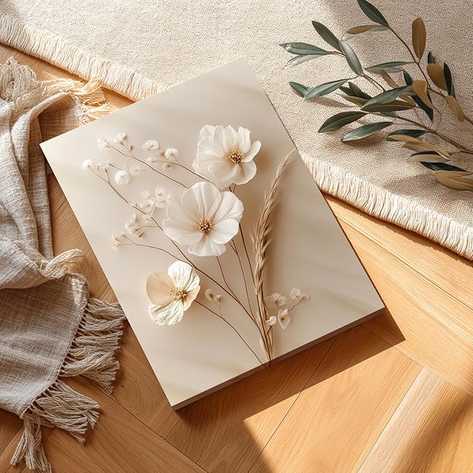 HLXRAE Minimalist Beige Floral Canvas Wall Art, Neutral Farmhouse Wall Decor, Framed Vintage Botanical Poster Prints, Modern Flower Aesthetic Pictures for Bathroom Living Room Bedroom 12"x16"x3