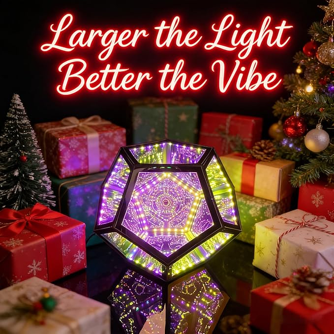 Extra Large Infinity Dodecahedron Light, 3D Infinity Mirror Light RGBW Color Changing, Music Sync, USB powered Night Lighting for Gaming Room Desk Decor, Birthday Christmas Gift for Men Boys Gamers