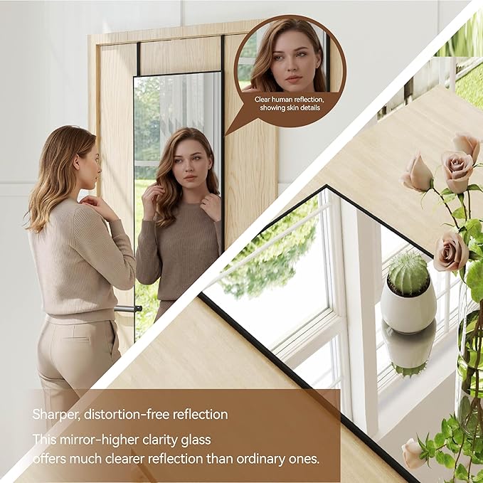 NARCISSUS 57x16 Mirror Door Hanging Full Length Body with Floor Stand or Wall Mounted Metal Aluminum Frame Tempered Glass Rectangle Mirrors for Bedroom Dressing Living Room Bathroom 57 inch Black