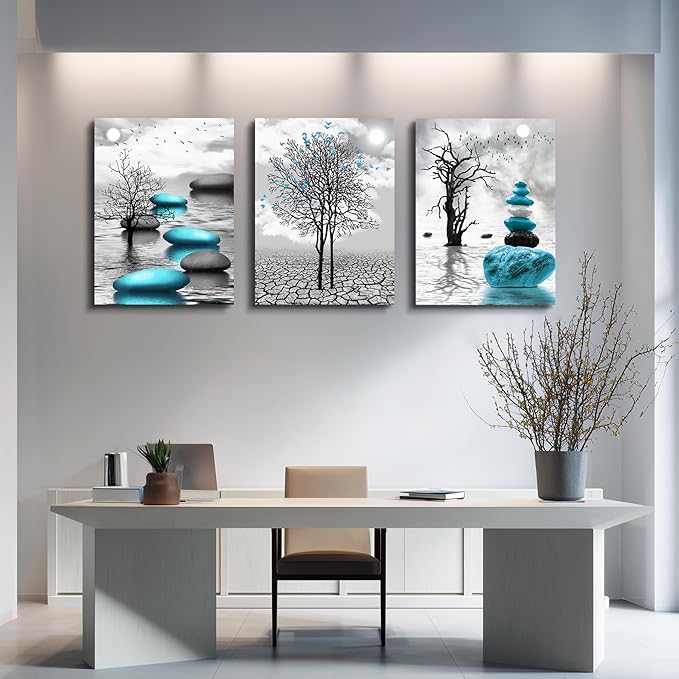Canvas Wall Art for Living Room Wall Decor for Bedroom Bathroom Black and White Paintings Modern 3 Piece Framed Canvas Art Prints Ready to Hang Inspirational Abstract Blue Pictures Home Decorations