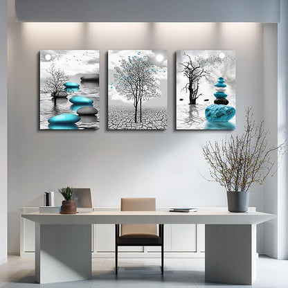 Canvas Wall Art for Living Room Wall Decor for Bedroom Bathroom Black and White Paintings Modern 3 Piece Framed Canvas Art Prints Ready to Hang Inspirational Abstract Blue Pictures Home Decorations