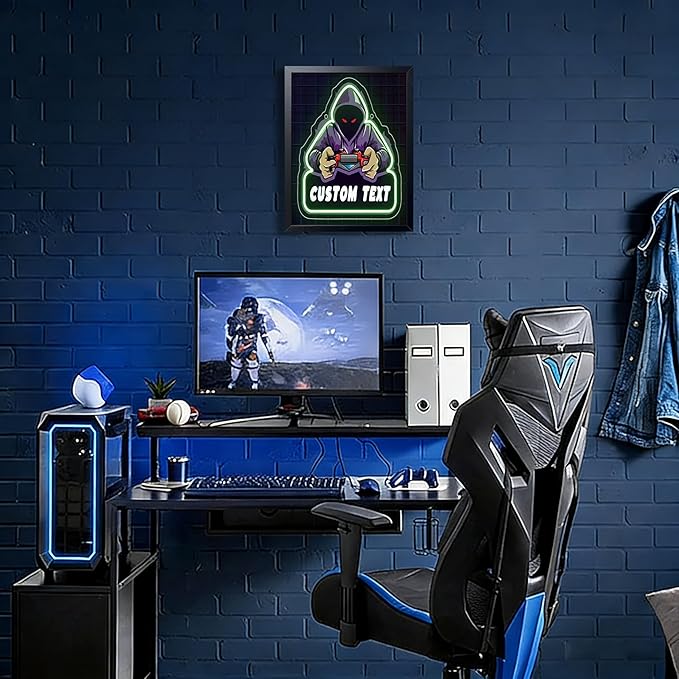 Boys Room Gamer Wall Decor, Cool Video Gamers Wall Art, Neon Hooded Gaming Controller Canvas Print Poster, Anime Gamer Posters for Boys Room Gaming Room Decor Oil Painting 8x10 Inch Framed