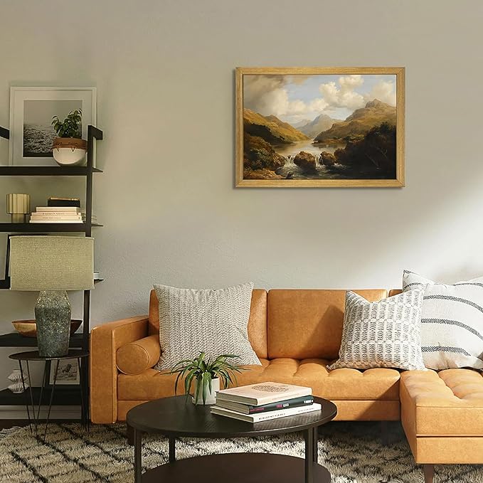 Framed Vintage Landscape Wall Art Home Decor, Retro Mountain Vintage Painting Prints, Countryside Farmhouse Landscape Wall Decor, Canvas Wall Art for Living Room Bedroom Home Bathroom Decor 16x24 Inch