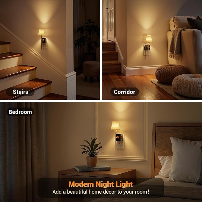JandCase Night Lights Plug into Wall, 2 Pack Vintage Nightlights, Dusk to Dawn Sensor, 0-100LM Dimmable, Pleated Fabric Beige Lamp for Living Room Bedroom Hallway