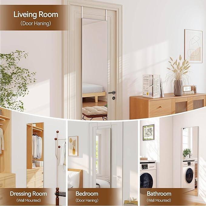NARCISSUS 47x14 Mirror Door Hanging Full Length,Over Door or Wall Mounted Aluminum Alloy Frame Tempered Glass Rectangle Full Body Mirrors for Bedroom Dressing Living Room Bathroom 47 inch Silver