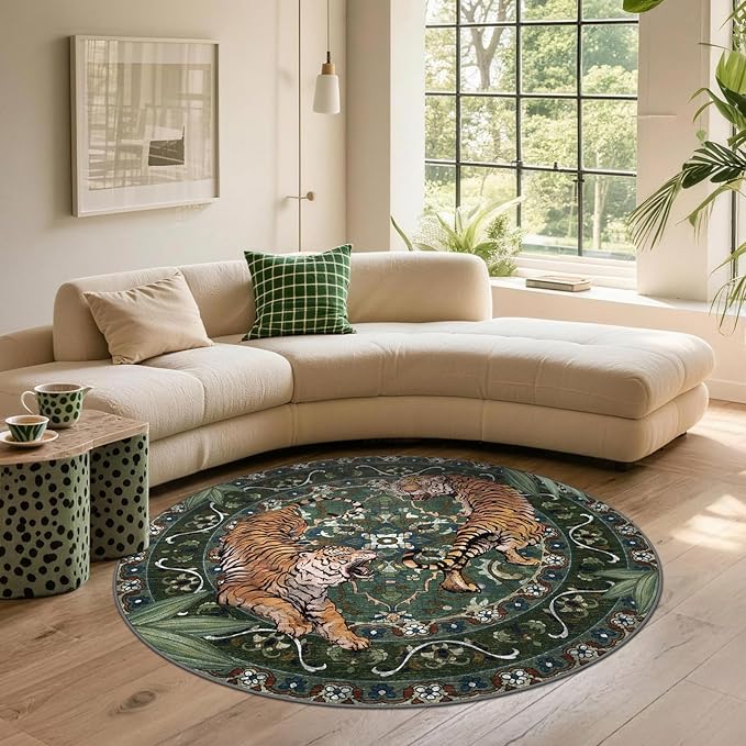 Round Tiger Area Rugs for Living Room 5ft, Boho Green Animal Print Bedroom Circle Rugs Non Slip, Washable Botanical Jungle Floor Carpet for Dining Room Entryway Nursery Playroom Office