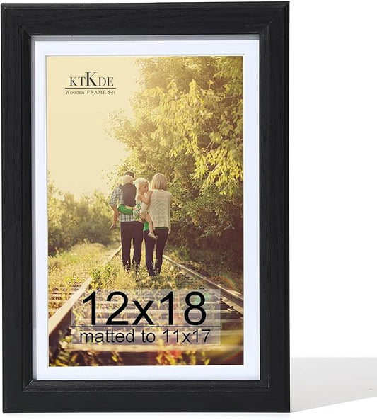 KTKDE 12x18 Picture Frame,Display Pictures 11x17 with Mat or 12x18 Without, Tempered Glass, 18 by 12 Wooden frame Black Wall Gallery Photo Frames Poster Frame best gift