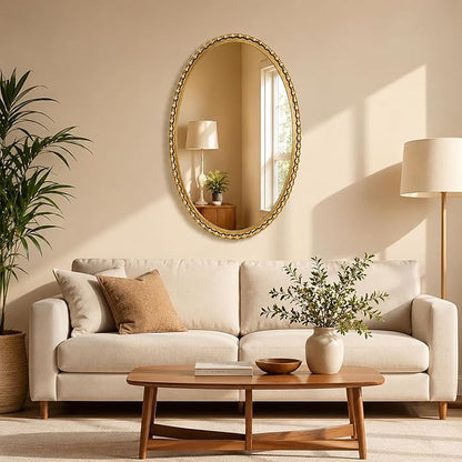 24x36 Inch Oval Wall Mirror with Antique Gold Beaded Frame, Vertical or Horizontal Hanging Vanity Mirror for Bathroom, Powder Room or Bedroom, Decorative Oval Mirror Wall Decor