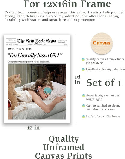 EcoHest Unframed Trendy Newspaper Audrey Hepburn Magazine Wall Art, 12x16 in I‘m Literally Just a Girl Canvas Wall Art Home Decor, Beige Retro Set of 1 For Bedroom Living Room