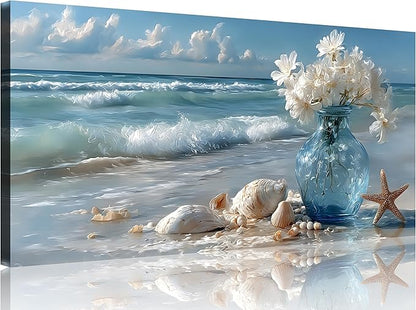TutuBeer Beach Bathroom Canvas Wall Art Starfish with White Flower Coastal Pictures Wall Art Canvas Seascape Poster Seaside Seashell Painting Print Artwork for Living Room Bedroom 8"x16"x1 Panel