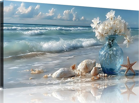 TutuBeer Beach Bathroom Canvas Wall Art Starfish with White Flower Coastal Pictures Wall Art Canvas Seascape Poster Seaside Seashell Painting Print Artwork for Living Room Bedroom 8"x16"x1 Panel