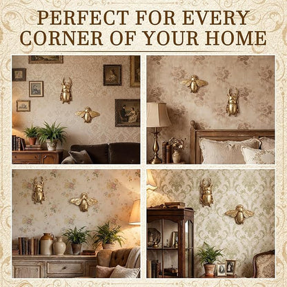 Kathfly 2 Pcs Vintage Beetle and Bee Wall Sculpture Decor Antique 3D Beetle and Bee Gold Resin Wall Decorations Golden Brass Floating Ornament for Living Room Garden Outdoor