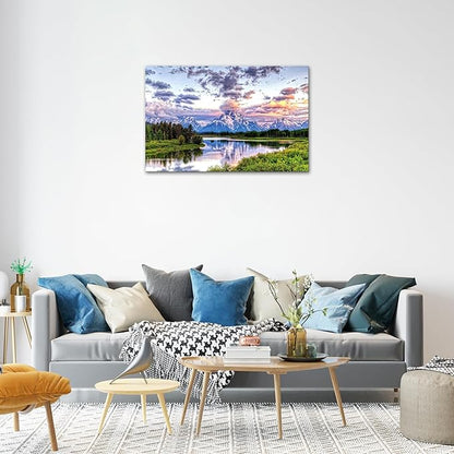 SKASNFAI Mountain Wall Decor Canvas Painting Grand Teton Wall Art Oxbow Bend National Park Landscape Poster Artwork Framed Pictures for Living Room Bedroom (16x24 inch)