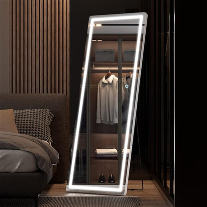 Hasipu Full Length Mirror with Lights, 61" x 22" LED Floor, Full Body Dressing Standing, Hanging Mounted Mirror, Round White