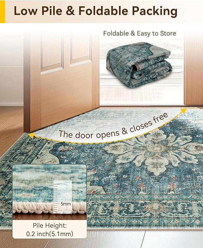 RELEANY Area Rugs 3'x4' Washable Non-Slip, Floral Vintage Distress Print Pattern Medallion Carpet for Living Room Bedroom Dining Room, Dark Blue Vintage