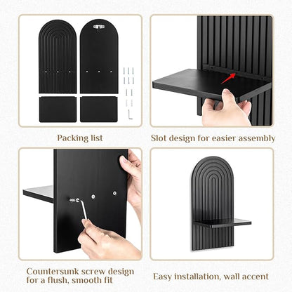 Black Boho Candle Sconces Decor: Set of 2 Wood Mid-Century Wall Candle Holder for Hallway Fireplace Bedroom - Arch Wall Shelf for Plants Pillars Candles