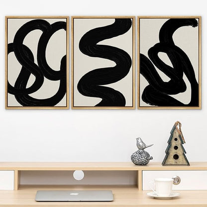 SIGNLEADER Framed Canvas Print Wall Art Set Duotone Minimal Dark Brush Stroke Landscape Abstract Shapes Illustrations Modern Art Boho Decorative for Living Room, Bedroom, Office - 16"x24"x3 NATURAL