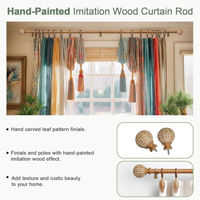 QDWIS Wood Curtain Rods for Windows 66 to 120 Inch,1'' Diameter Drapery Rods with Imitation Wood Grain Leaf Pattern Finials,Boho Adjustable Heavy Duty Curtain Rods Set,36-120'',Color:Natural Wood