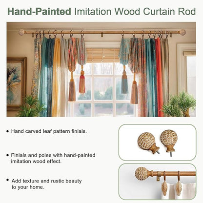 QDWIS 2 Pack Wood Curtain Rods for Windows 28 to 48 Inch,1'' Diameter Drapery Rods with Imitation Wood Grain Leaf Pattern Finials,Boho Adjustable Heavy Duty Curtain Rods Set,18-60'',Color:Natural Wood