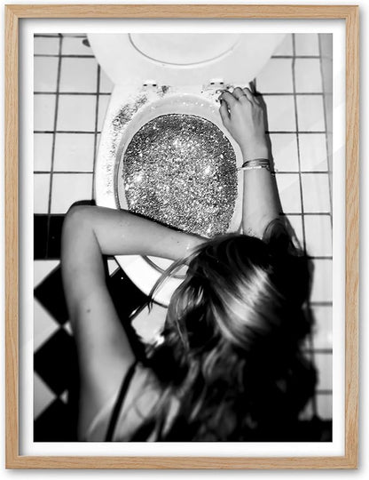 EcoHest Trendy After the Disco Party Framed Wall Art, Large 16x20 in OAK Wood Black and White Funny Bathroom Canvas Art, Teen Girl Poster College Dorm Decor, Set of 1 for Bedroom Living Room