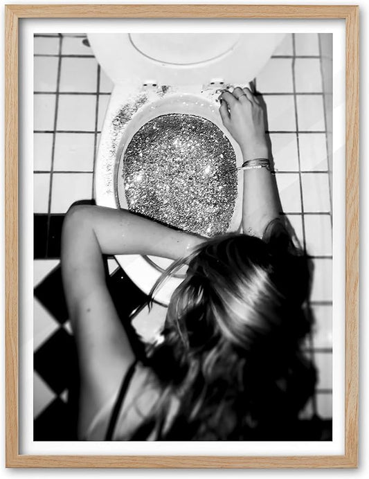 EcoHest Trendy After the Disco Party Framed Wall Art, 12x16 in OAK Wood Black and White Funny Bathroom Canvas Art, Teen Girl Poster College Dorm Decor, Set of 1 for Bedroom Living Room
