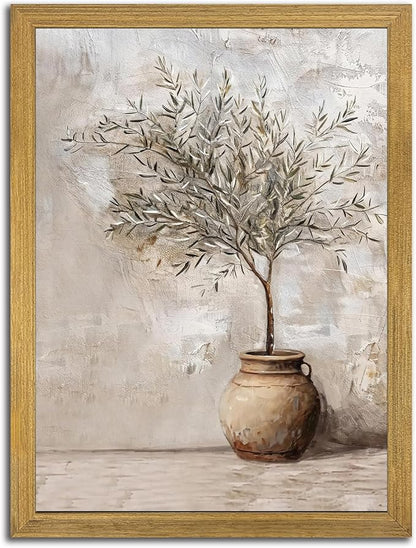 Vintage Olive Tree Canvas Wall Art, Farmhouse Aesthetic Oil Painting, Rustic Potted Plant Wall Decor, Neutral Botanical Print Artwork Picture for Living Room Kitchen Home Decor 16x24 Inch Framed