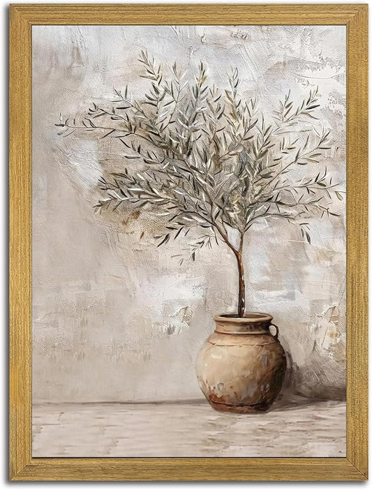 Vintage Olive Tree Canvas Wall Art, Farmhouse Aesthetic Oil Painting, Rustic Potted Plant Wall Decor, Neutral Botanical Print Artwork Picture for Living Room Kitchen Home Decor 16x24 Inch Framed