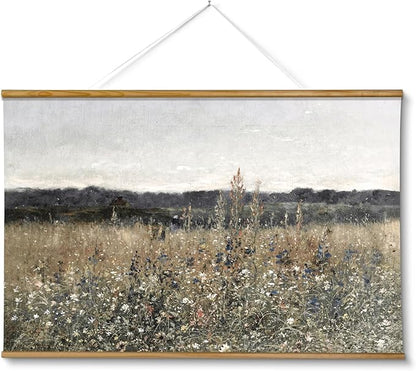 ARPEOTCY Extra Large Vintage Framed Wall Art, 36x54 Inch Flower Meadow Landscape Hanging Framed Wall Art Decor for Living Room Bedroom, Canvas Prints, Retro Scenery Pictures Above of Bed