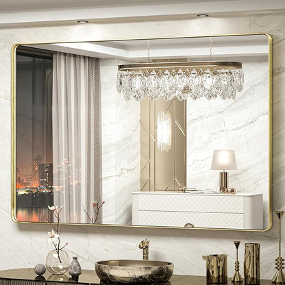 TokeShimi 60 x 40 Inch Brushed Gold Bathroom Vanity Mirror for Wall with Non-Rusting Aluminum Alloy Matte Metal Frame for Modern Farmhouse Home Decor (Horizontal/Vertical)