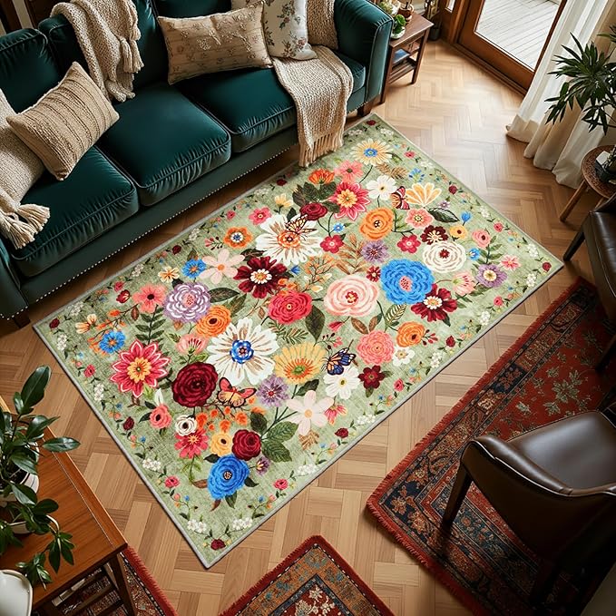 Green Living Room Rugs, Area Rugs 5x7 for Bedroom Ultra-Thin Soft, Non-Slip Washable Stain Resistant Boho Low-Pile Throw Rug for Dining Room Office (5 x 7, Green Garden)