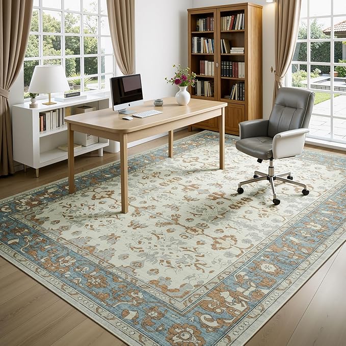Lessymo Washable Area Rug for Living Room,8x10 Large Rugs with Non-Slip Backing,Soft Boho Carpets for Bedroom Dining Room Nursery Home Office,Light Brow