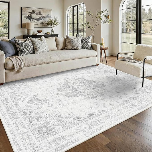 5x7 Vintage Washable Area Rugs Boho Medallion Large Distressed Retro Accent Carpet Floral Non-Slip Soft Low Pile Indoor Throw Rug for Living Room Bedroom Dining Room Office Kitchen, Gray