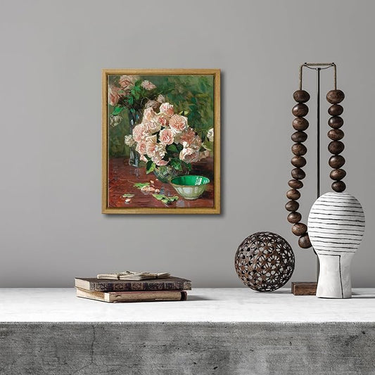 Pyradecor Framed Canvas Wall Art Vintage Living Room Decor White Roses Canvas Prints Mid Century Wall Art for Bedroom Office Farm House Kitchen Decorations